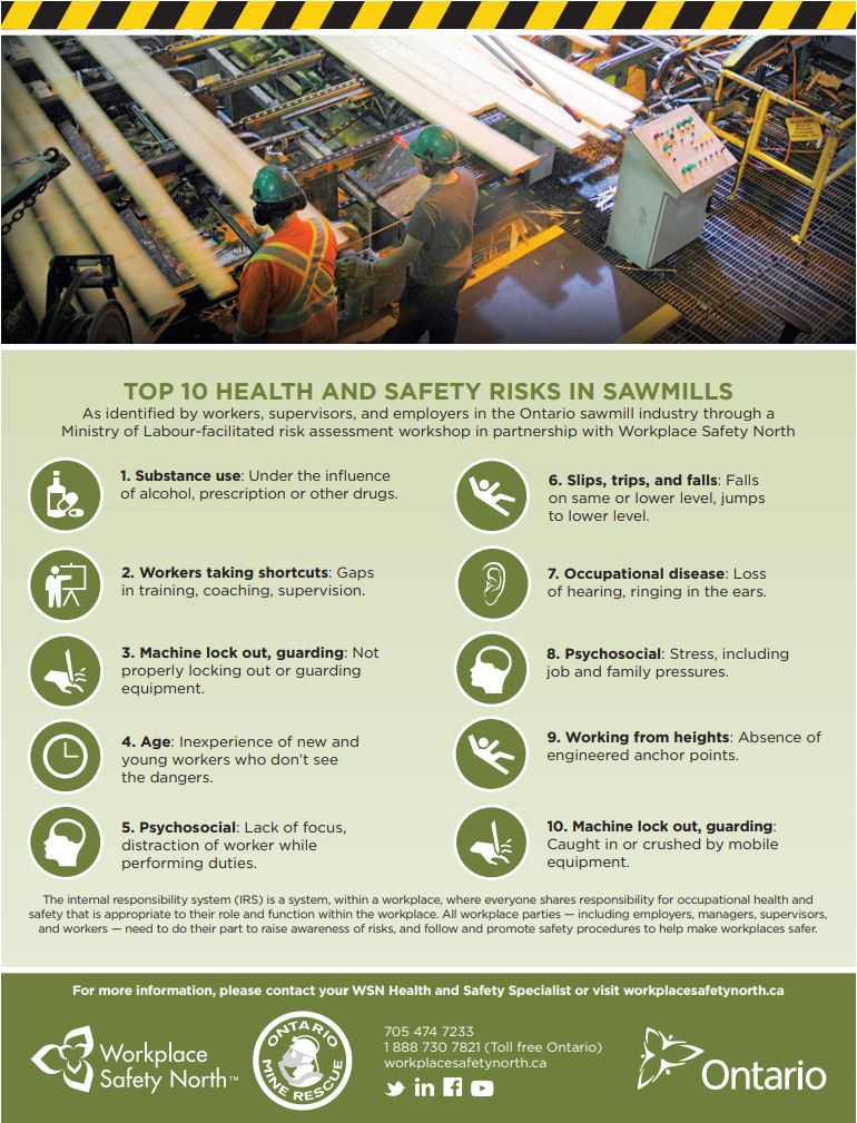 Infographic poster of top 10 health and safety risks in sawmills