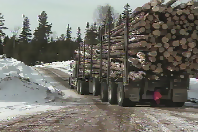 Loaded forestry logging truck driving on winter road