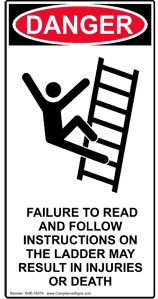 Danger label on side of ladder warning of falling hazard