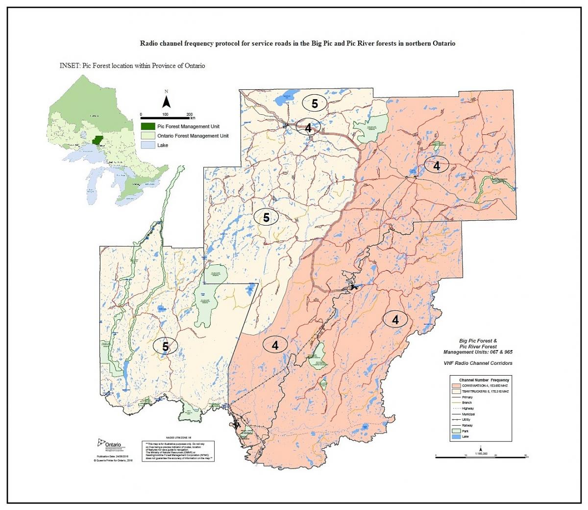 Radio channel protocol map for service roads in northern Ontario