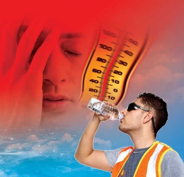 Worker drinking water; thermometer with high temp