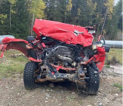 Extensive damage to front end of pick up truck